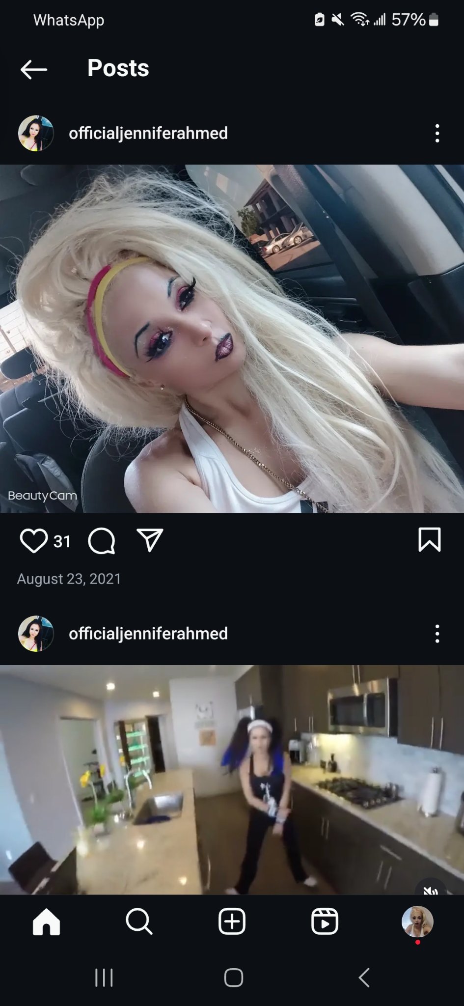 Jennifer Jorgensen Ahmed in a car selfie wearing a white tank top and pink and yellow headband, from her Instagram