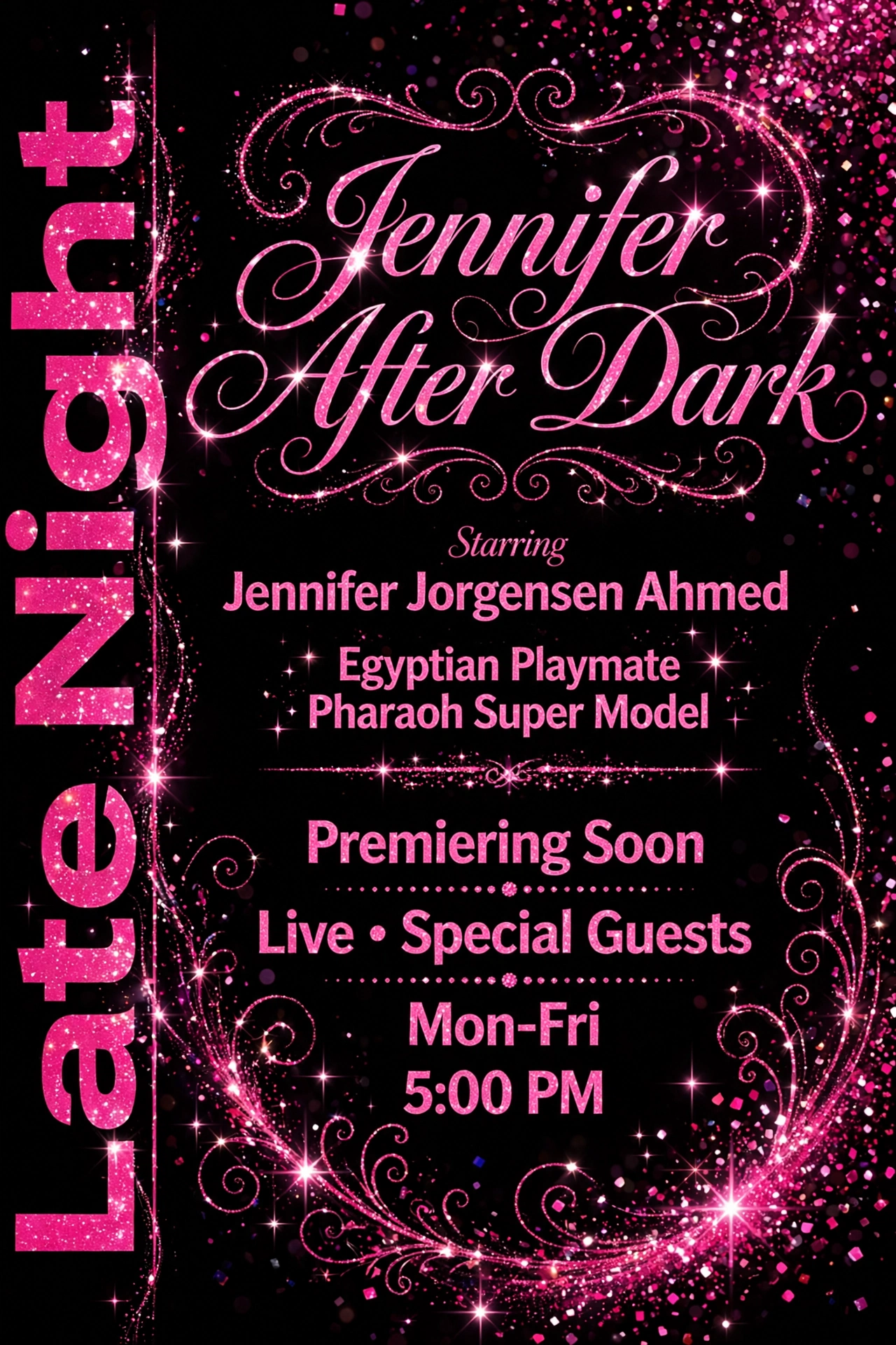 Black and hot-pink glitter Jennifer After Dark ad starring Jennifer Jorgensen Ahmed, premiering soon live with special guests, Monday through Friday at 5 PM