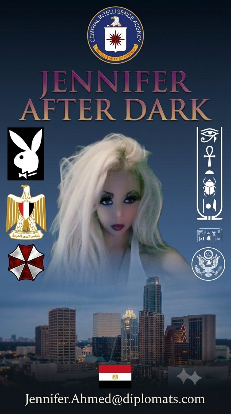Jennifer After Dark portrait poster with Houston skyline and Egyptian emblems