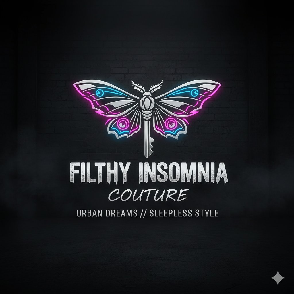 Filthy Insomnia Couture neon moth and key logo reading Urban Dreams, Sleepless Style