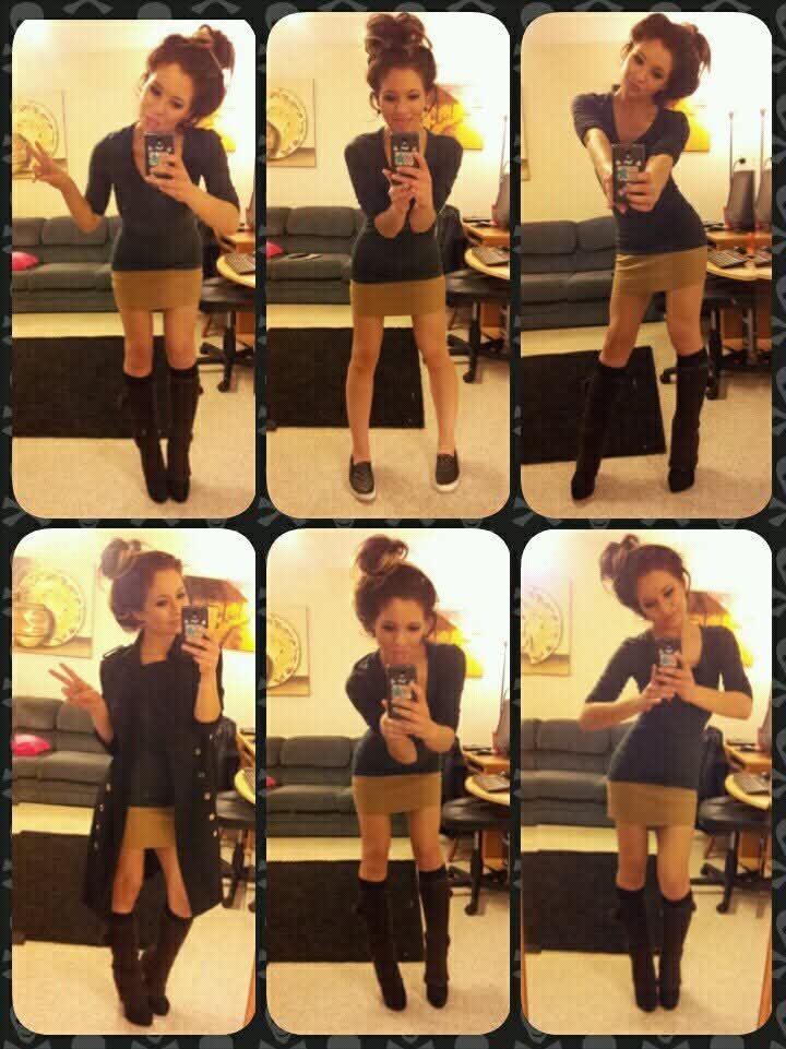 Six-panel collage of Jennifer Jorgensen Ahmed mirror selfies in a black top, tan skirt, and knee-high boots