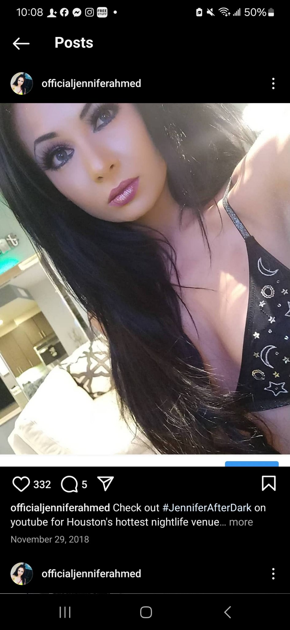 Jennifer Jorgensen Ahmed close-up in a black moon-and-stars top, from her Instagram