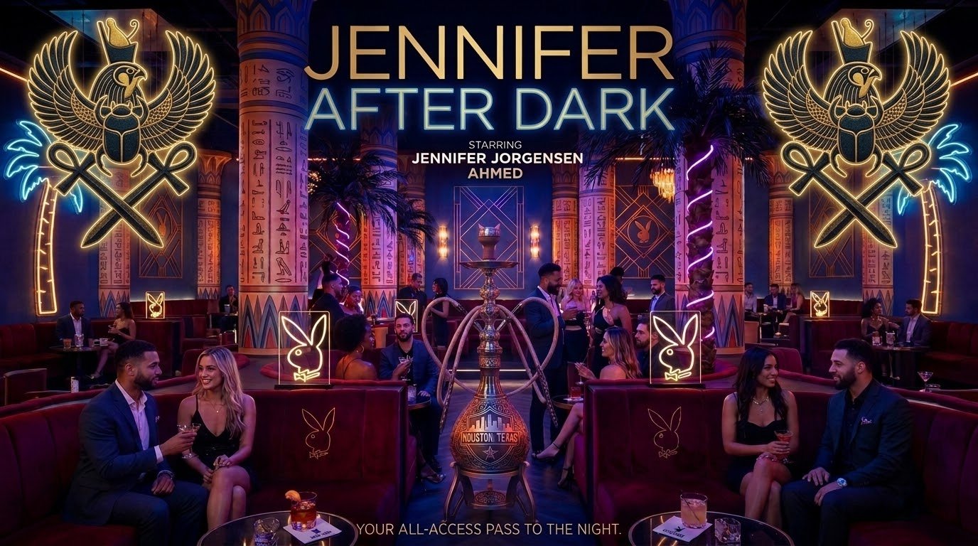 Jennifer After Dark Egyptian nightclub scene with gold winged scarabs, ankhs, hookahs, and guests