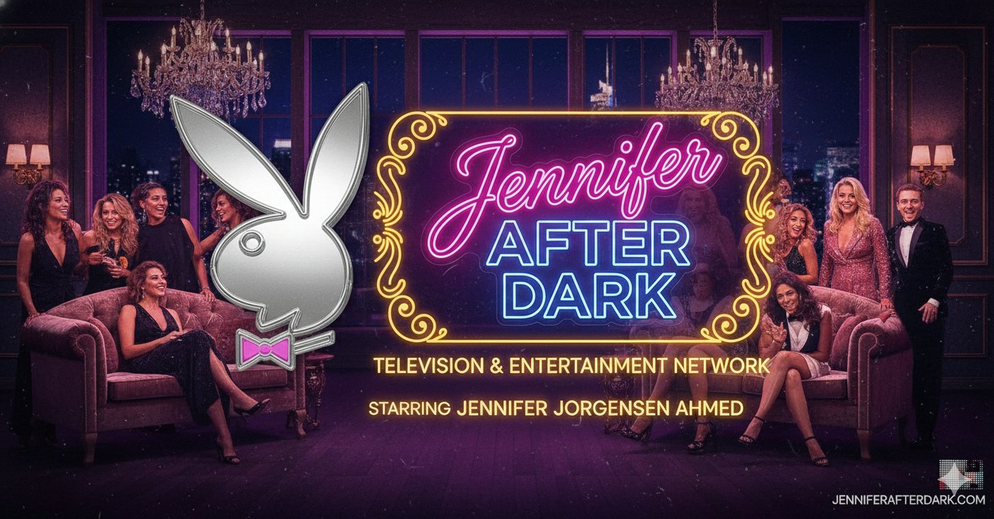 Jennifer After Dark cast celebration around a glowing neon show sign