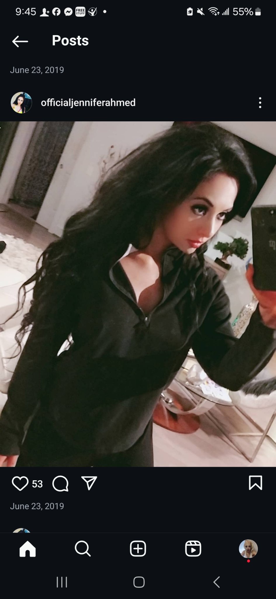 Jennifer Jorgensen Ahmed in a black zip-up top taking a selfie, from her Instagram