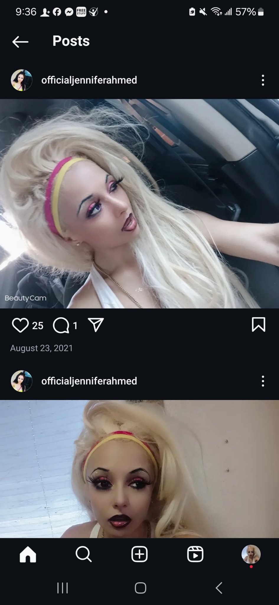Jennifer Jorgensen Ahmed playfully sticking out her tongue in a car selfie, from her Instagram